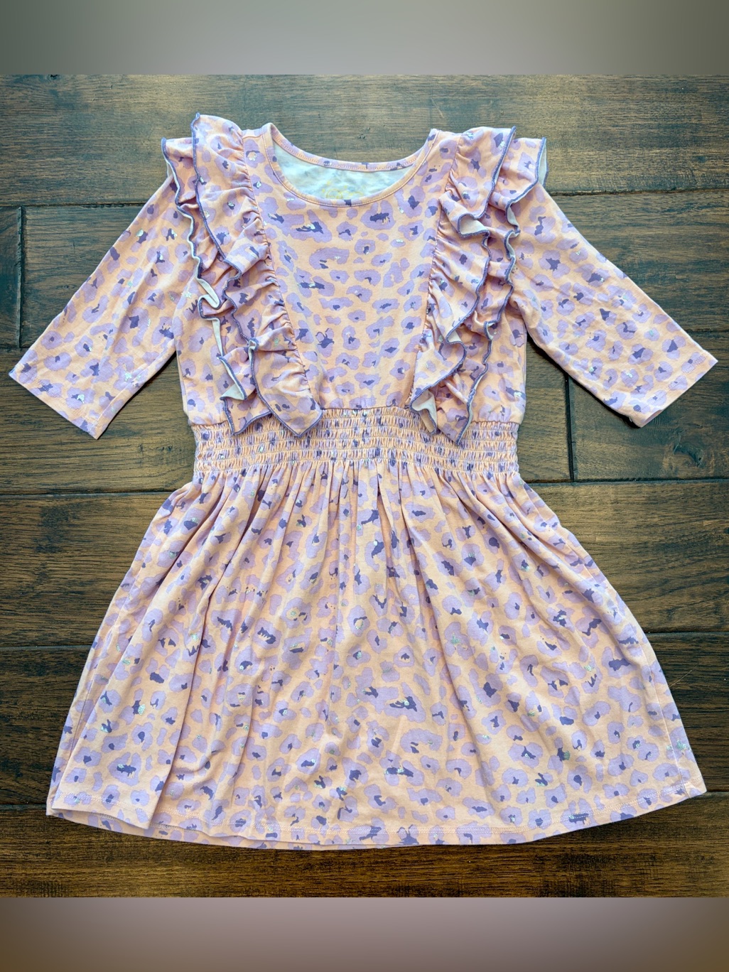 Egg New York Girls Pink Lilac Animal Print Ruffle 3/4 Sleeve Dress Size 7 — image 2 of 5